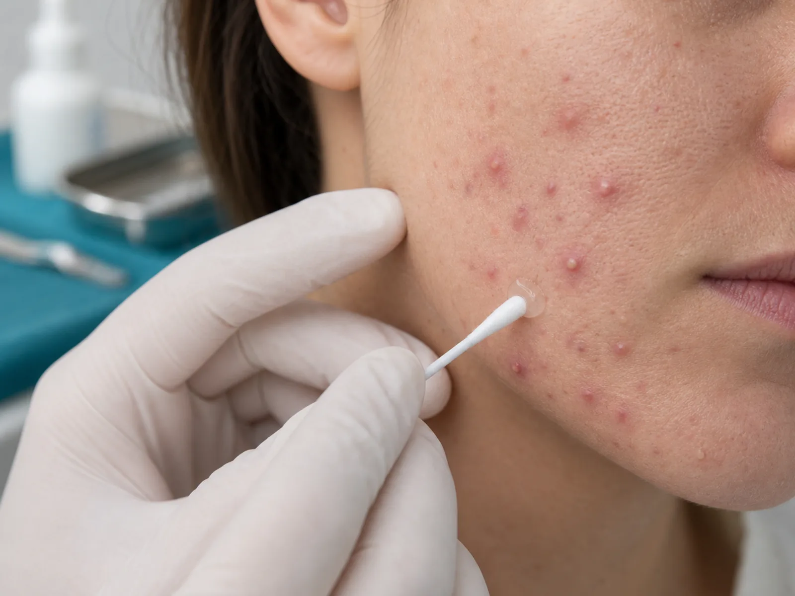 Controlled application of dermatologic gel near active acne lesions