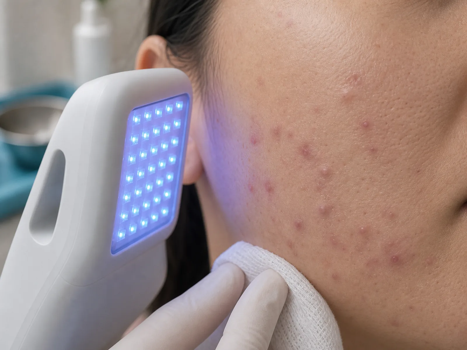 LED device positioned near skin with acne lesions and post-inflammatory redness