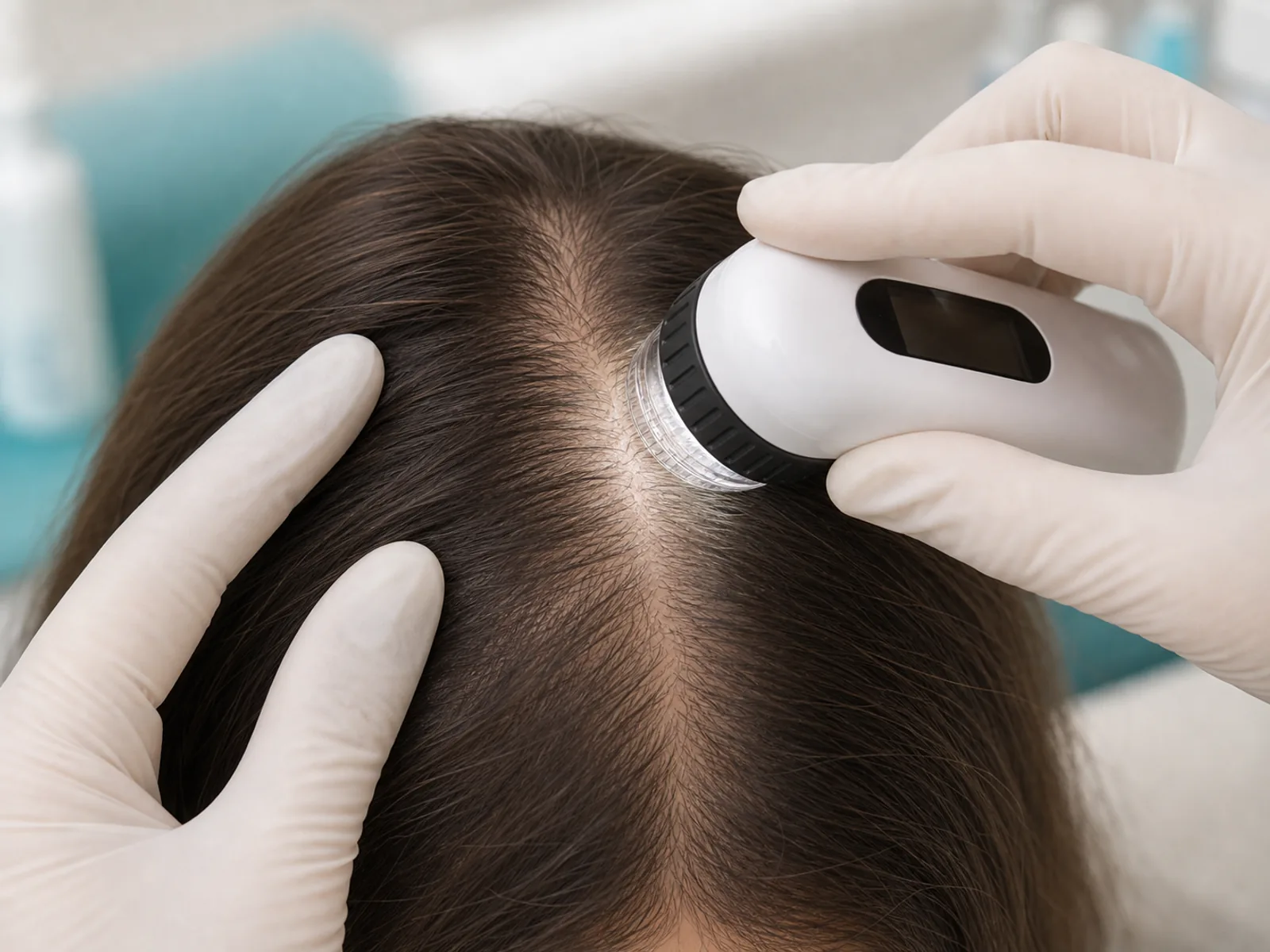Hair loss and alopecia - senior doctor consultation Scalp assessment with a trichoscope for hair loss and alopecia