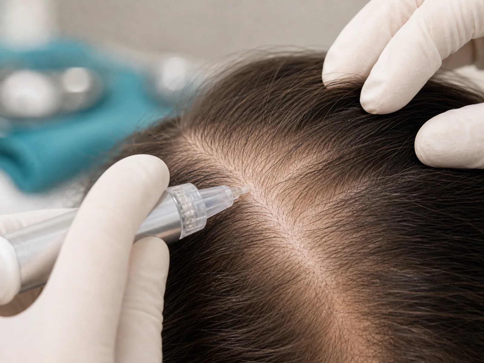 Medical applicator positioned above the scalp for hair regeneration planning
