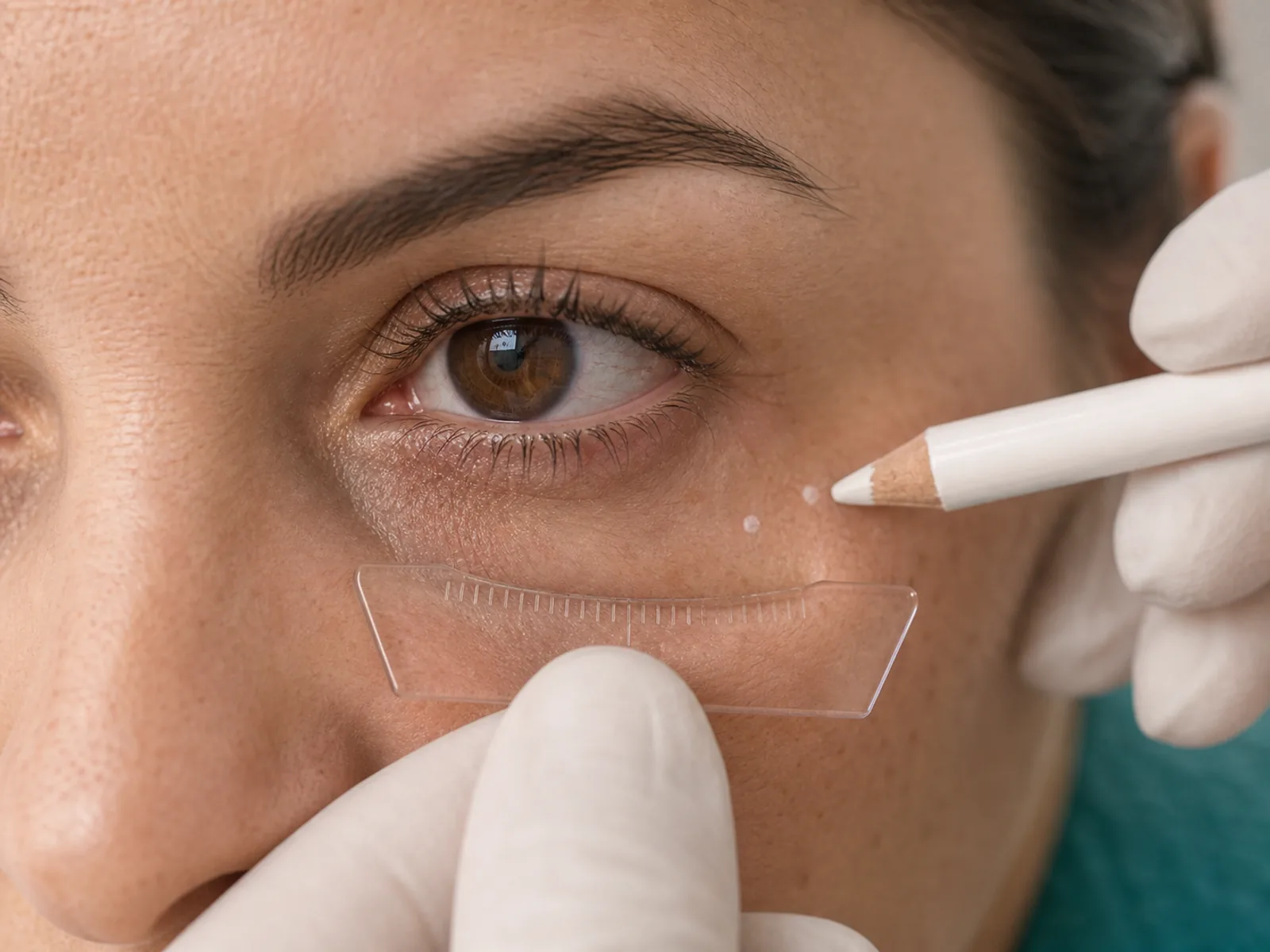 Cearcane si zona perioculara - consultatie medic specialist Masurarea santului lacrimal si a zonei perioculare cu rigla transparenta