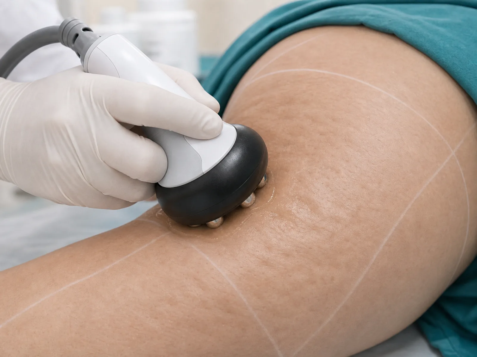 Radiofrequency handpiece applied on cellulite skin with conductive gel