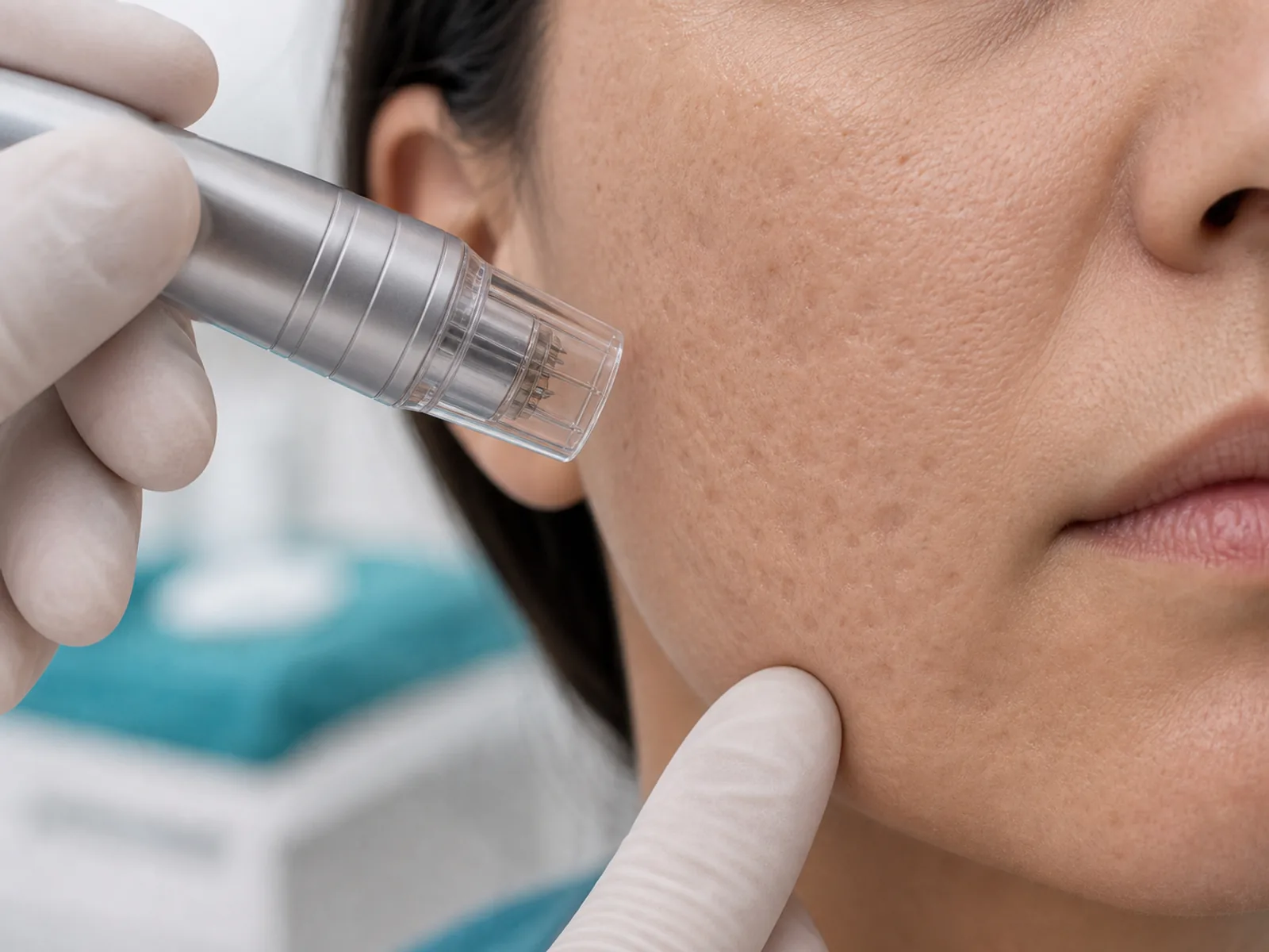 Piesa de resurfacing pozitionata deasupra cicatricilor post-acneice superficiale
