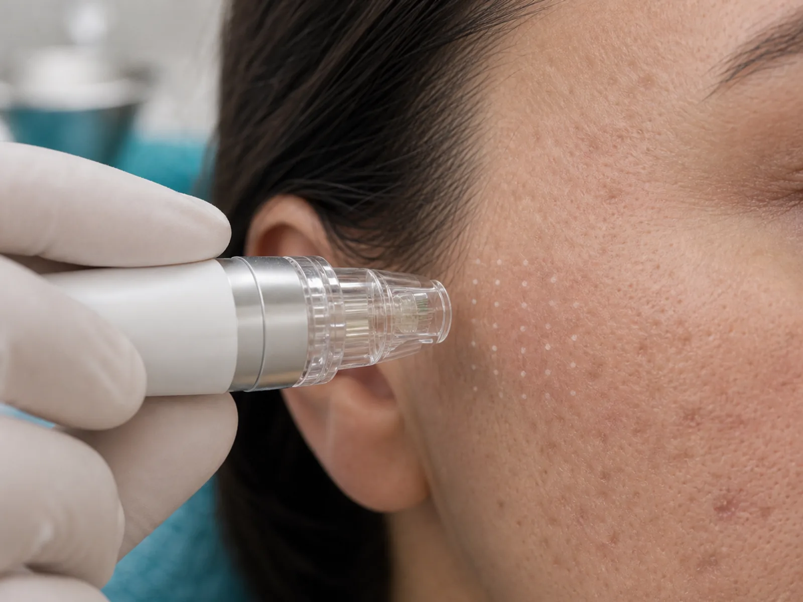Microneedling device positioned near facial scars with treatment grid marks
