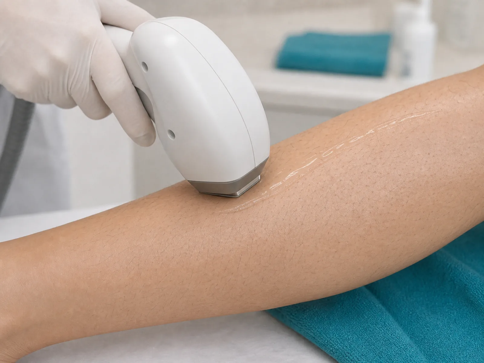 Laser hair removal handpiece positioned on lower-leg skin with visible hair