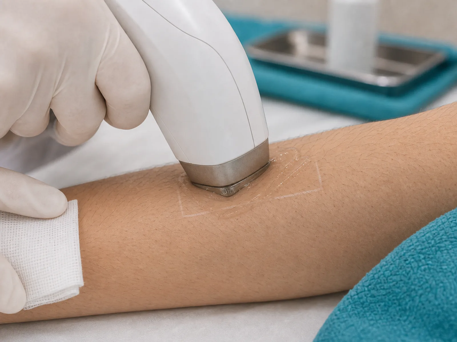 Laser hair removal handpiece applied on forearm skin with fine hair and protective gel