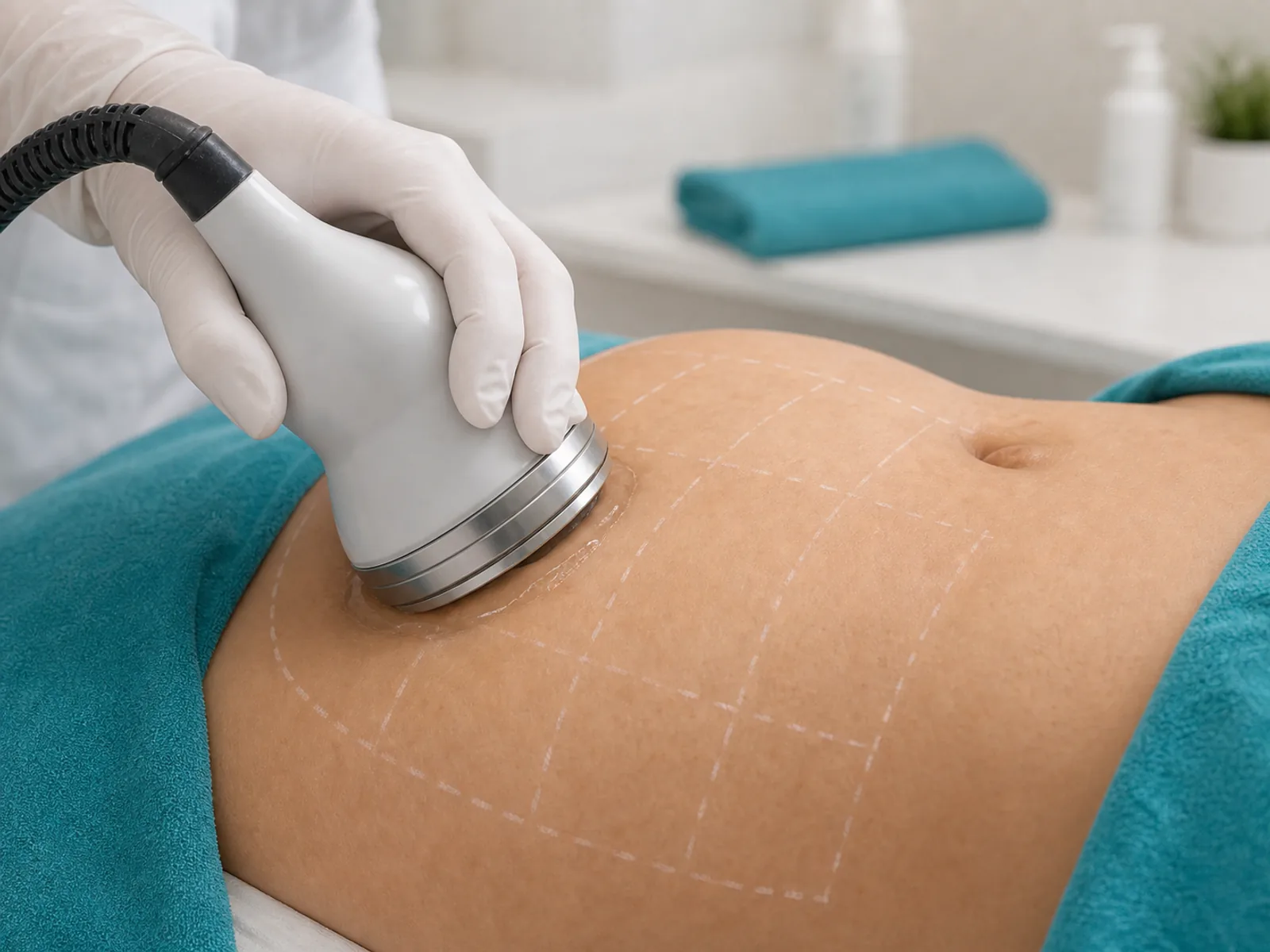 Localized fat - specialist consultation Radiofrequency applicator on the abdominal flank for localized fat