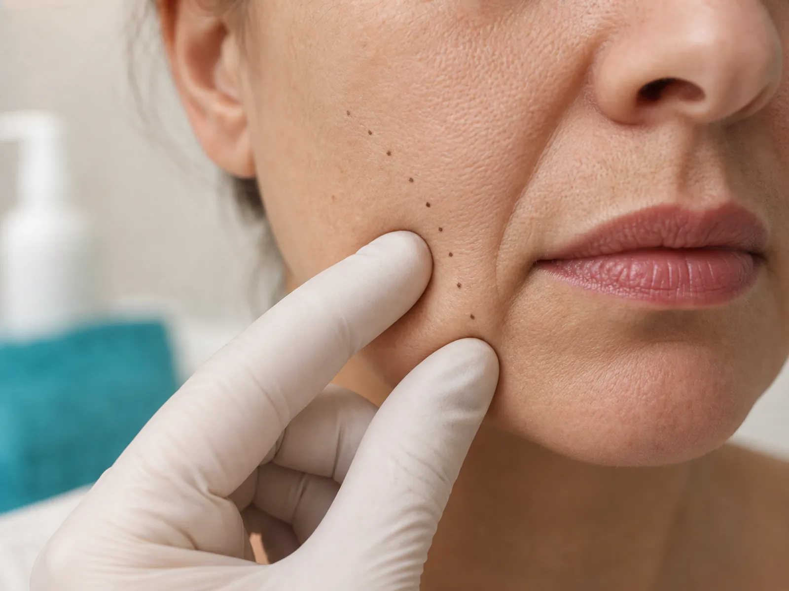 Cheek skin elasticity assessment with fine planning marks