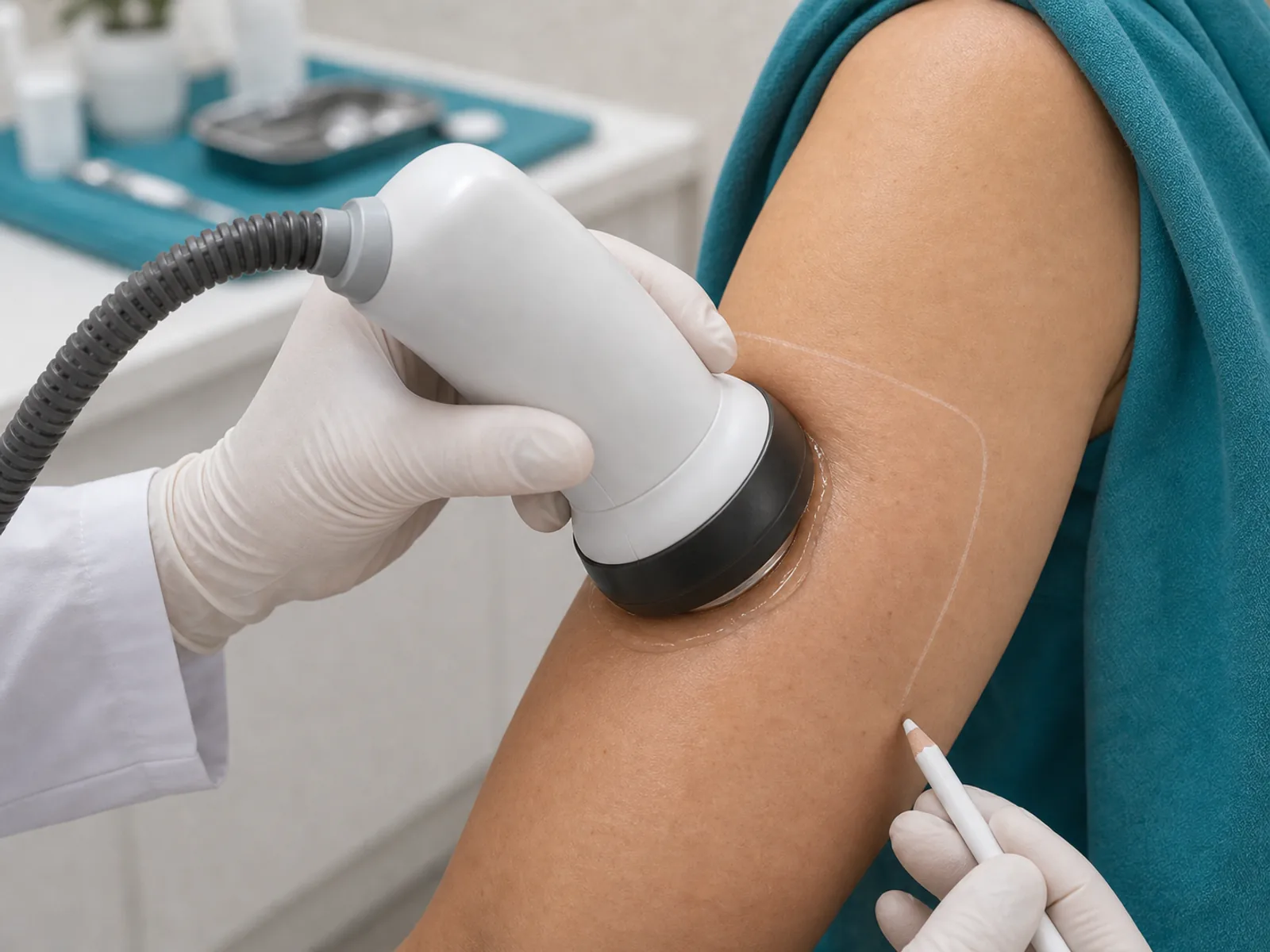 Non-surgical body contouring - senior doctor consultation Body contouring applicator positioned on the upper arm with medical marking