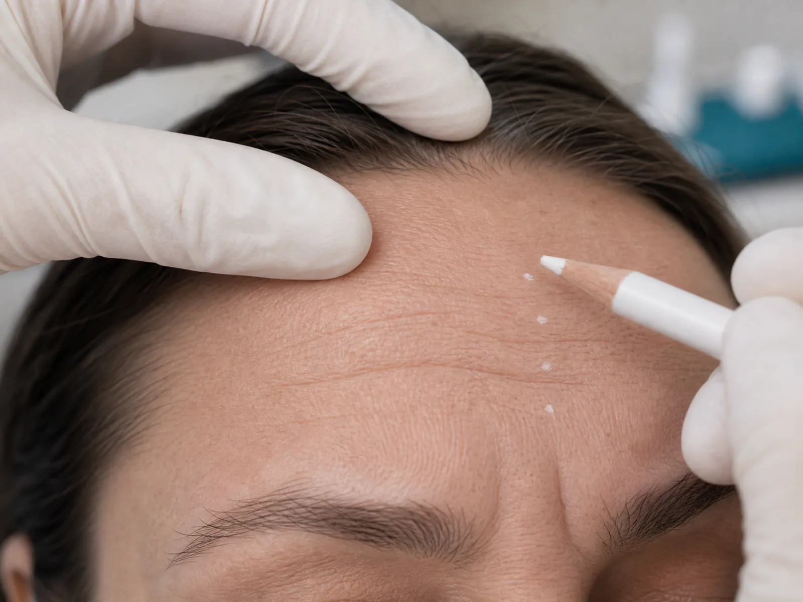 Marcaj dermatologic pe frunte si glabela pentru planificarea tratamentului ridurilor de expresie