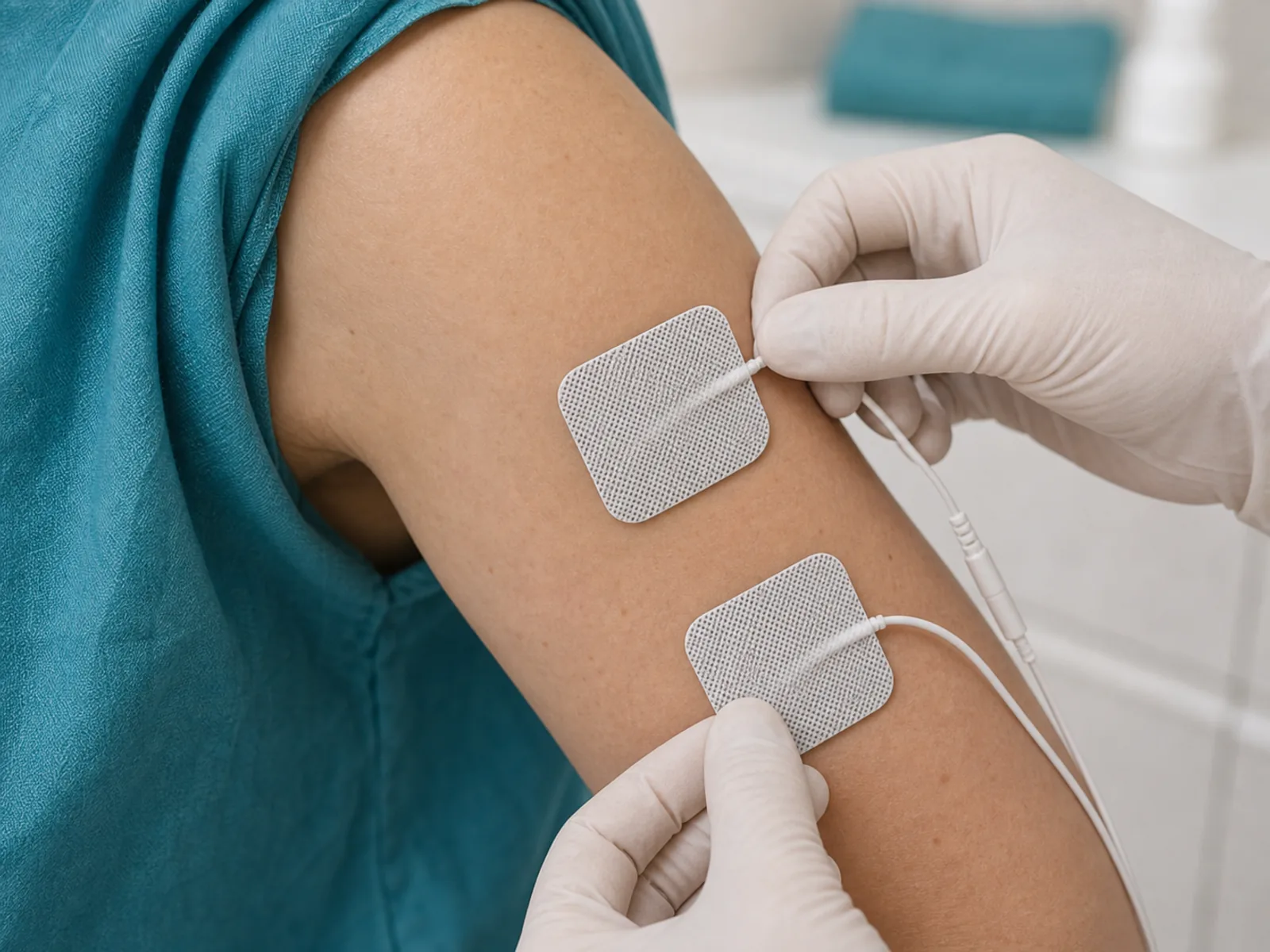 Electrozi EMS pozitionati pe brat pentru evaluarea tonusului muscular