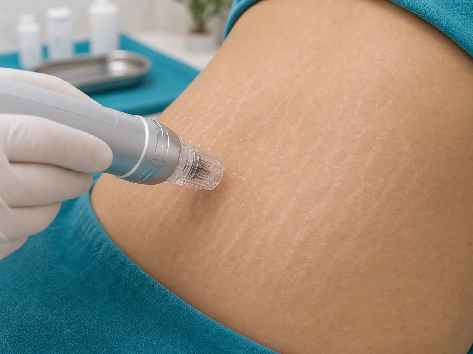 Fractional treatment handpiece positioned near stretch marks with fine grid marks