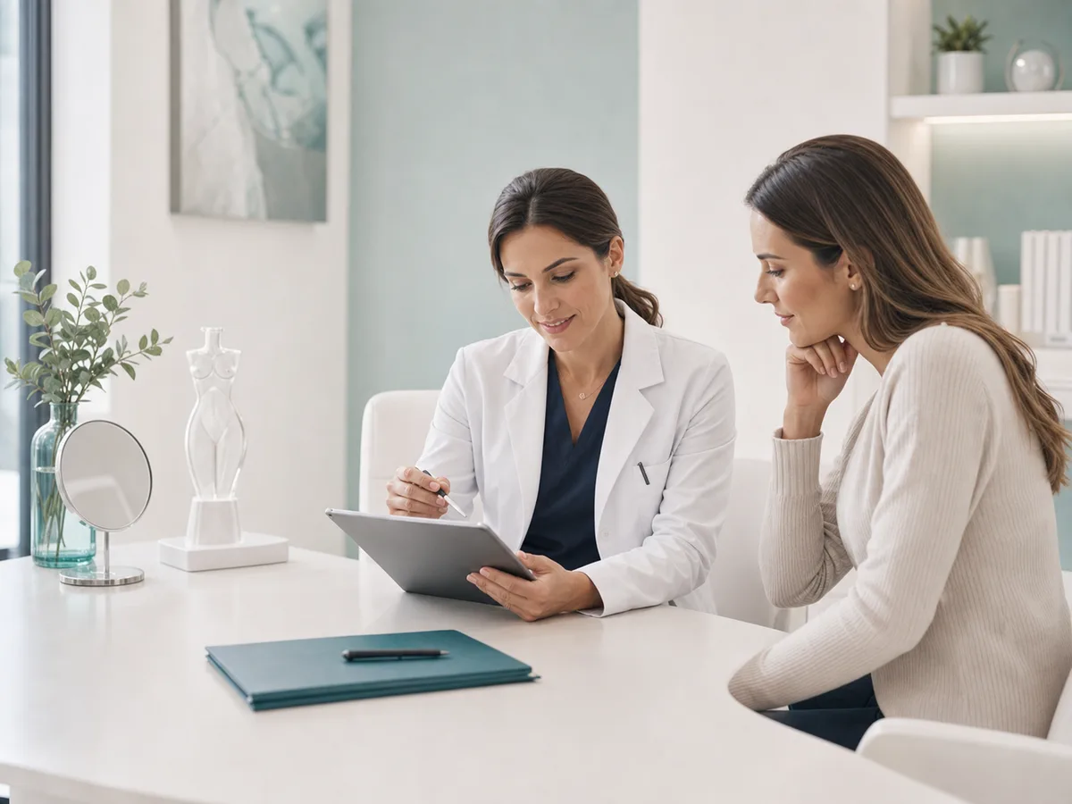 Chirurg plastician discuta optiunile medicale cu un pacient intr-un cabinet premium