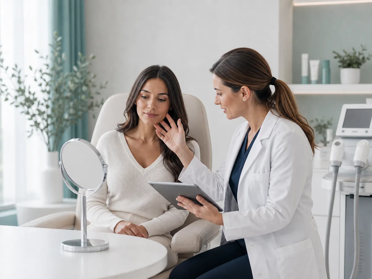 Plan dermato-estetic personalizat Medic si pacienta analizeaza optiuni dermato-estetice naturale intr-o clinica moderna