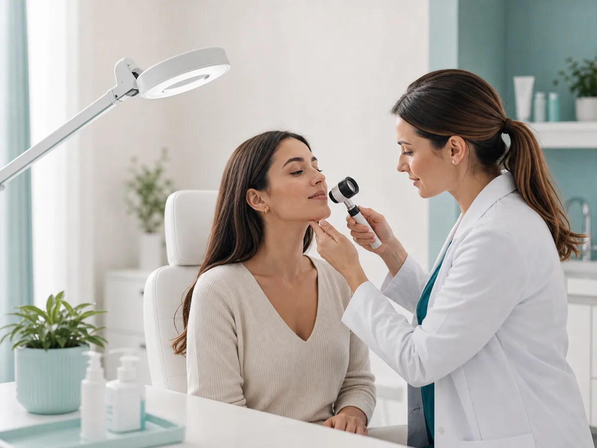Medic dermatolog evalueaza pielea pacientei intr-o consultatie clinica moderna