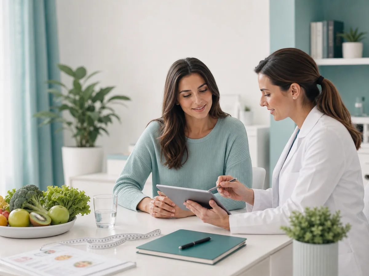 Specialist in nutritie discuta un plan alimentar personalizat cu o pacienta intr-un cabinet medical