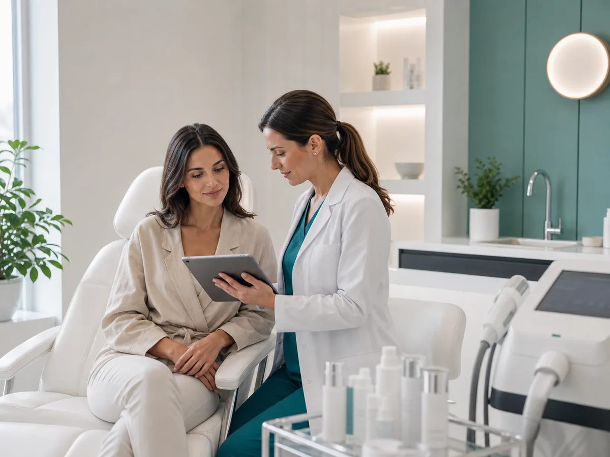 Proceduri de estetica medicala in clinica moderna Medic pregateste o consultatie de estetica medicala intr-o sala moderna cu echipamente clinice