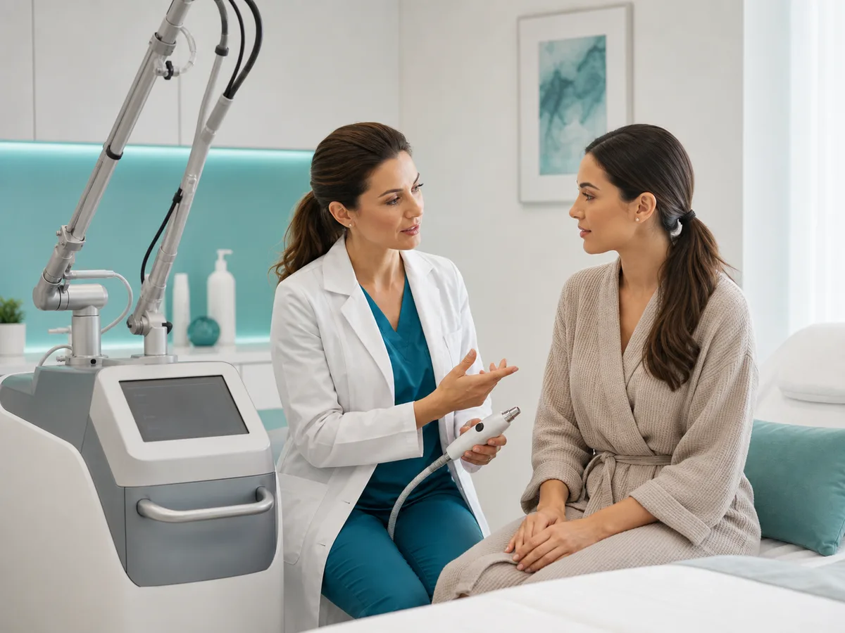 Medic prezinta pacientei un echipament laser dermatologic intr-o sala clinica moderna