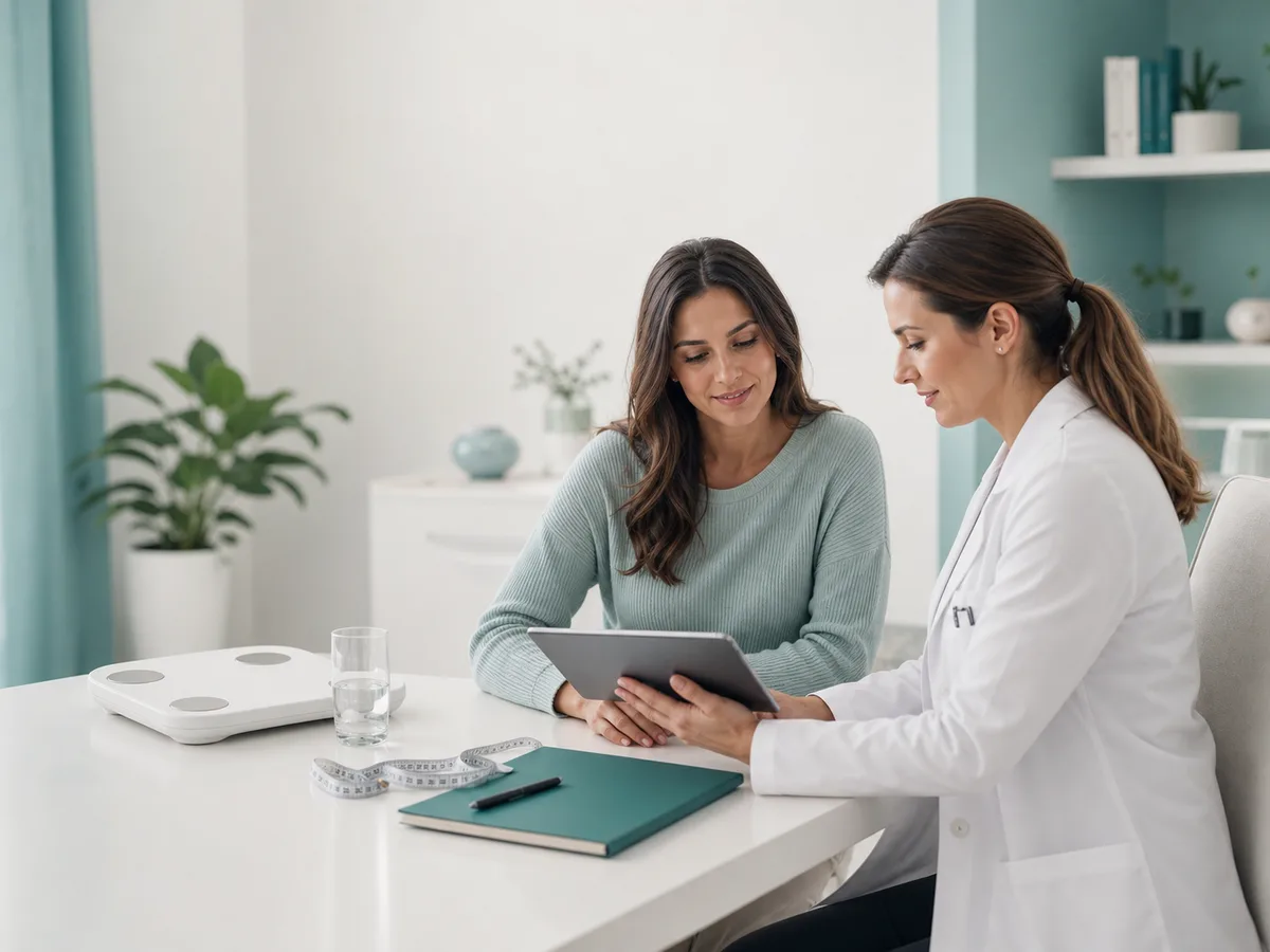 Consultatie medicala pentru programe metabolice si estetice Medic si pacienta discuta un plan personalizat pentru echilibru metabolic intr-o clinica moderna
