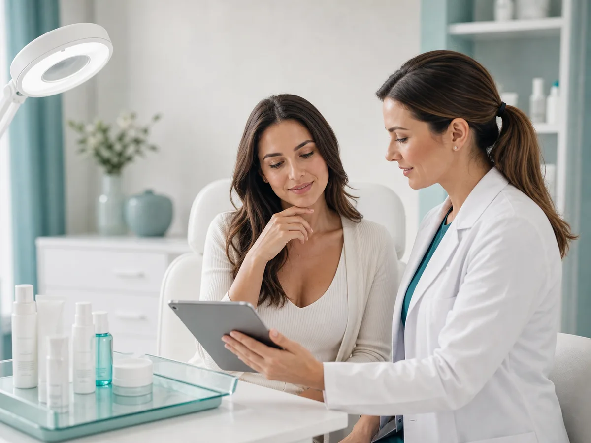 Consultatie pentru tratamente de biorevitalizare Medic discuta cu pacienta despre imbunatatirea calitatii pielii si hidratare intr-un cabinet medical