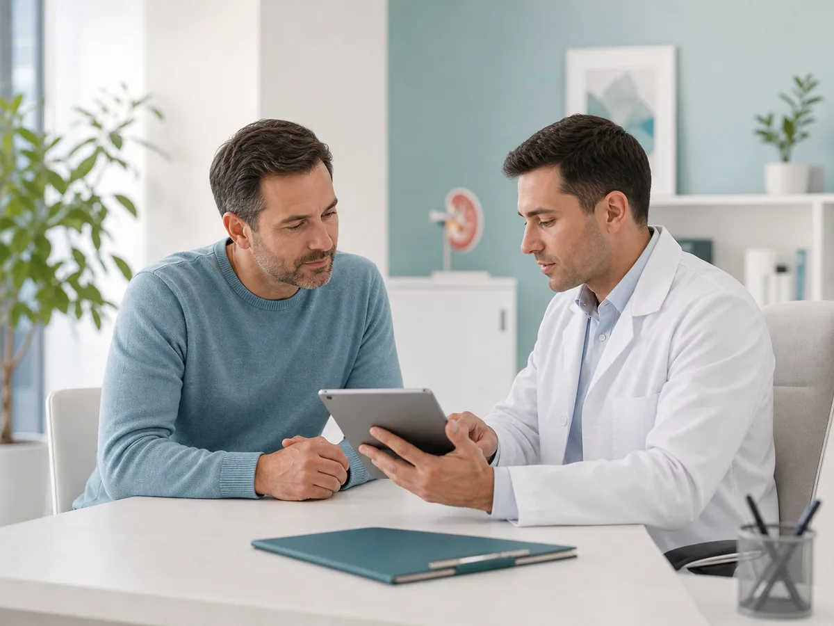 Medic urolog si pacient discuta rezultatele medicale intr-un cabinet clinic discret