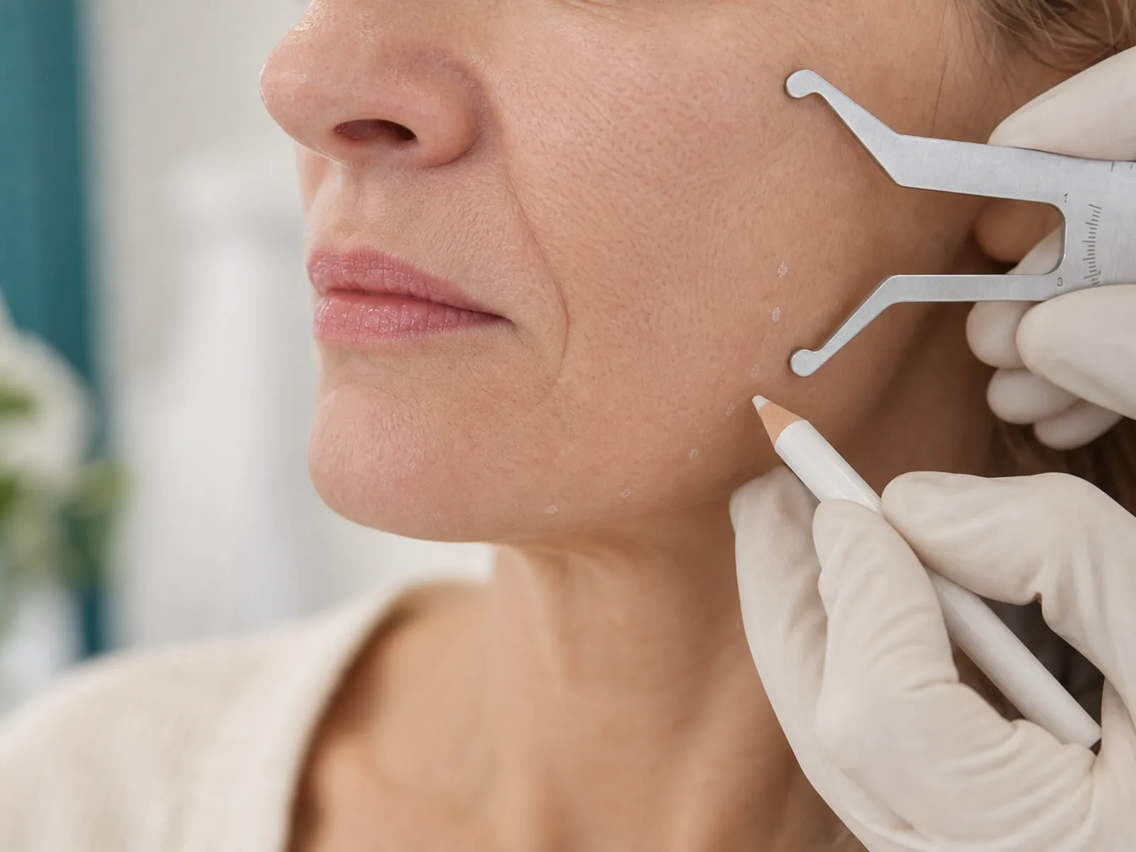 Dermato-aesthetic consultation with senior plastic surgeon Jawline contour and skin laxity assessment with facial caliper and dermographic pencil