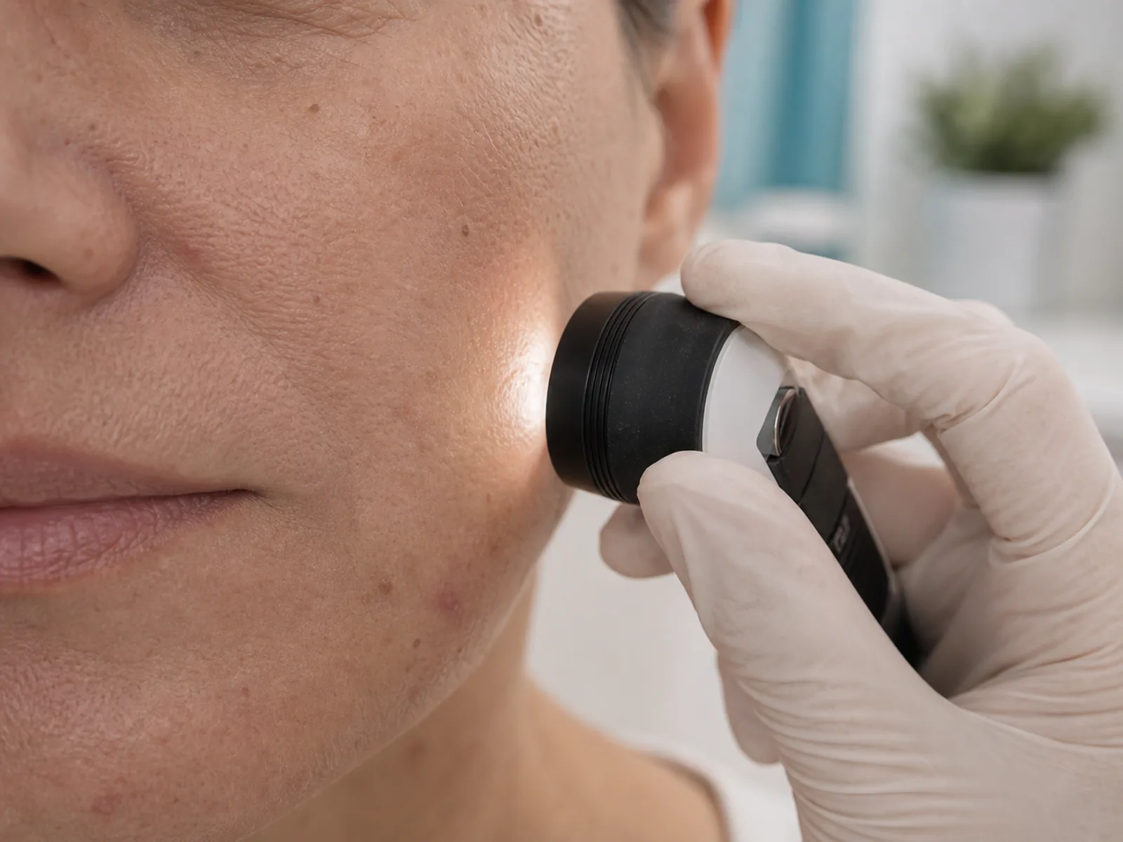 Dermato-aesthetic consultation with senior dermatologist Dermatoscope used to assess cheek skin texture and pigmentation
