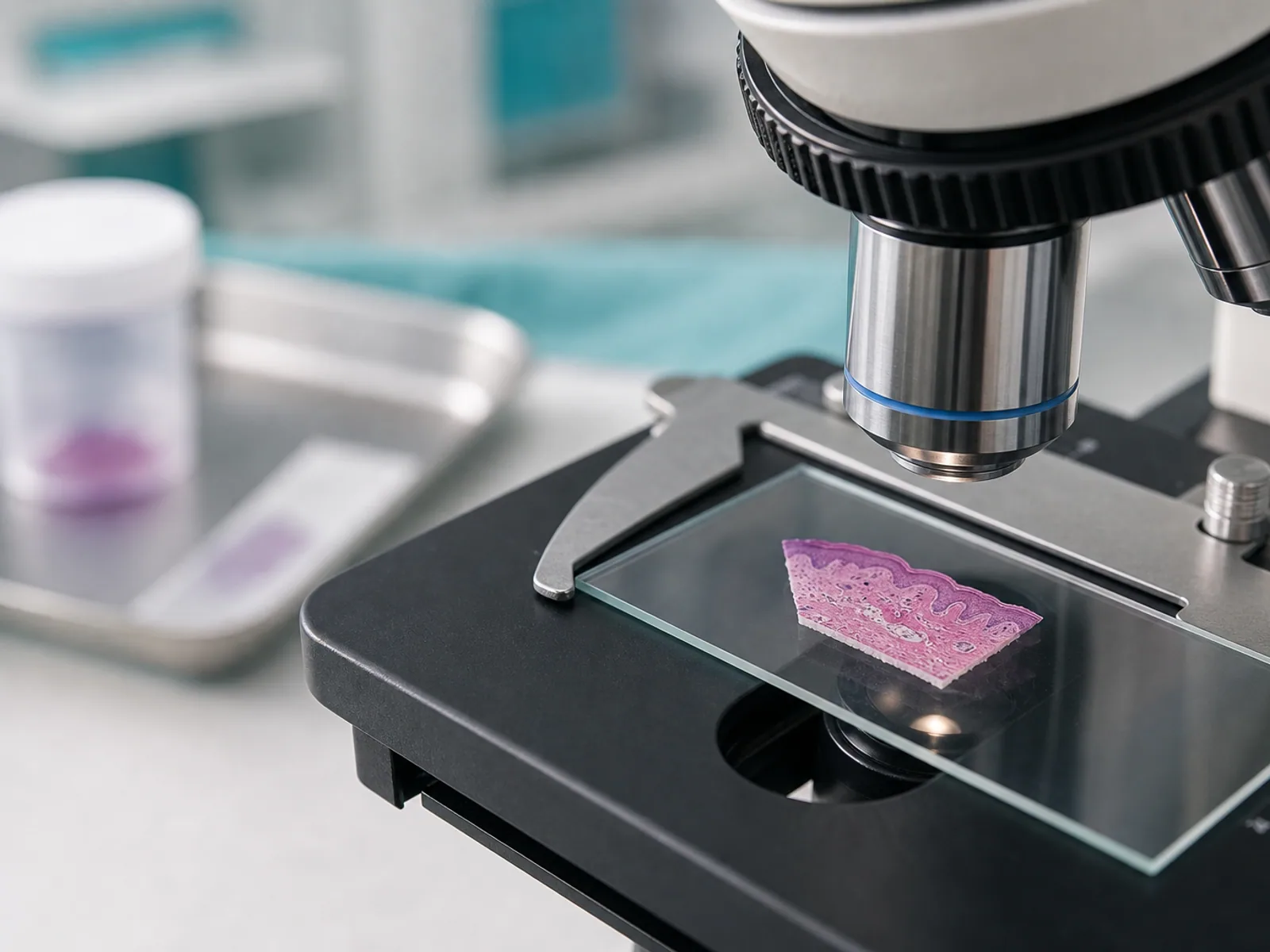 Microscope slide prepared for histopathological analysis of a skin biopsy