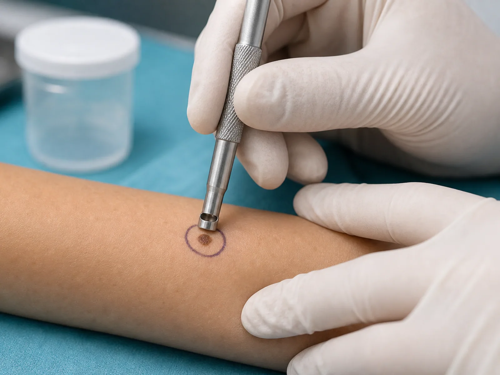Punch biopsy instrument positioned on a marked skin lesion
