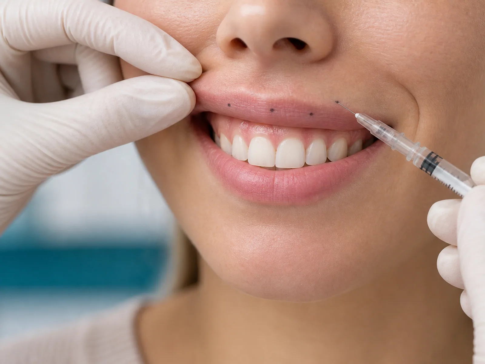 Gummy smile botox Botox treatment for gummy smile with marked points near the upper lip