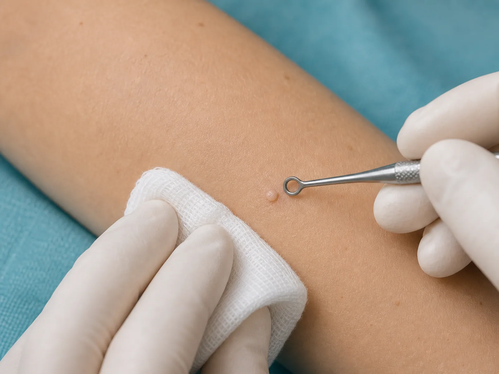 Chiureta dermatologica pozitionata langa o leziune cutanata mica