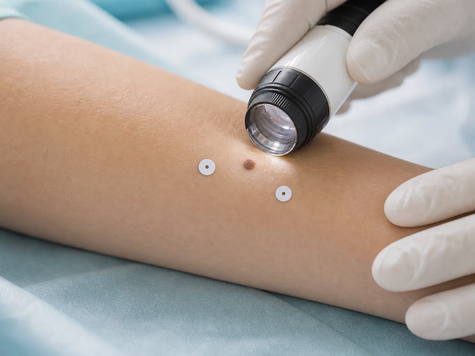 Digital dermatoscope applied to a mole on the forearm