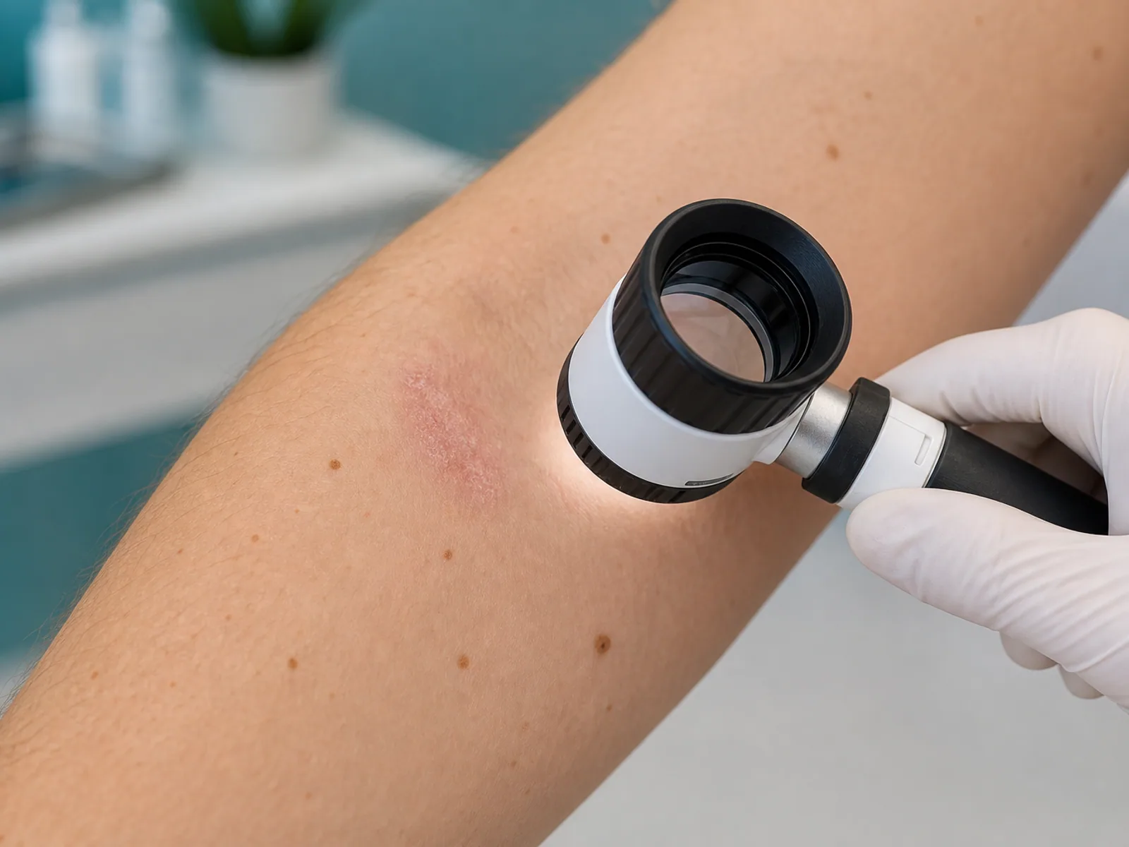 Dermatoscope used to evaluate an inflamed skin area on the forearm