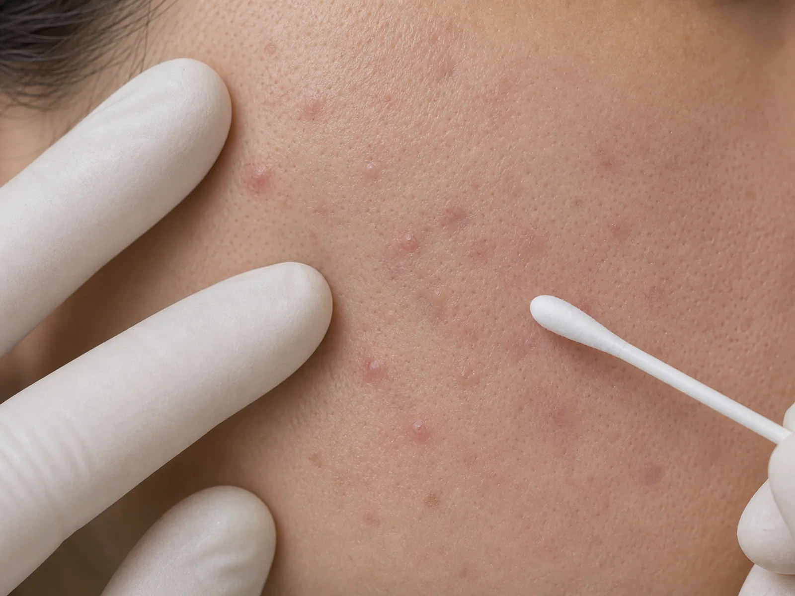 Close dermatology assessment of acne papules on cheek skin