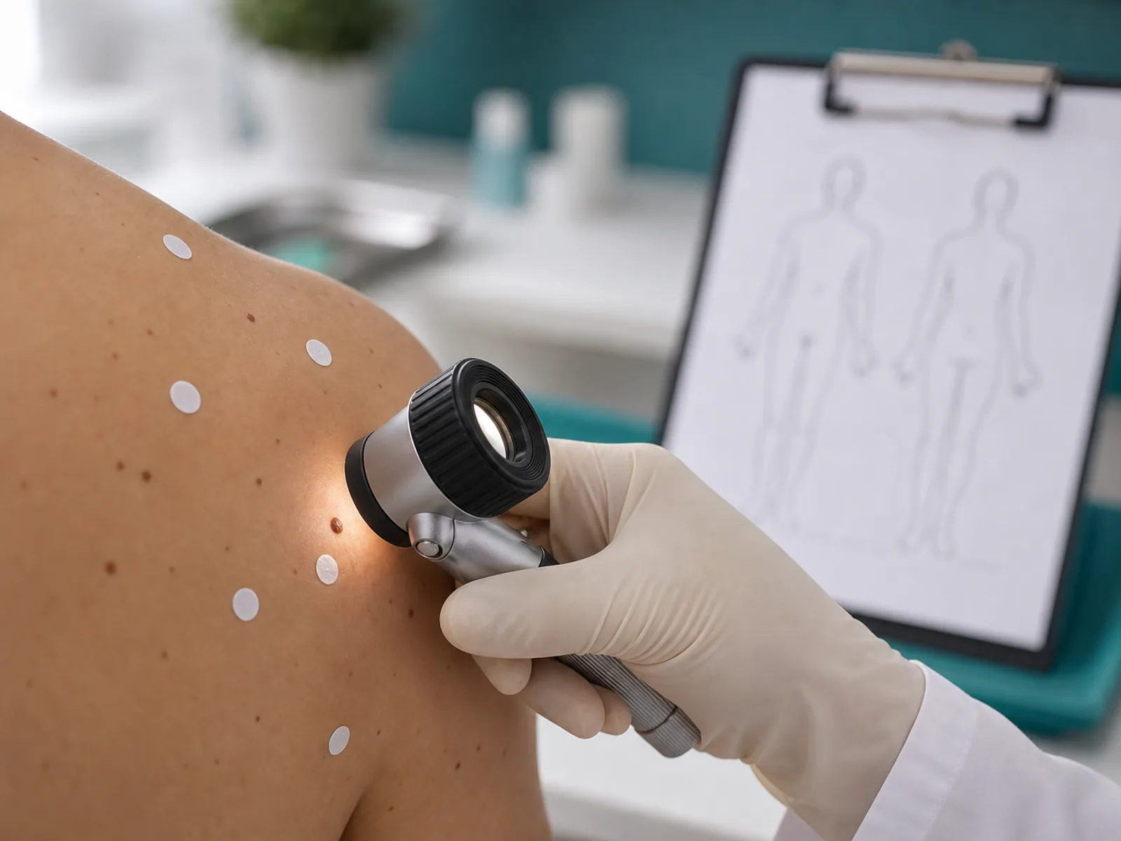 Full body digital dermoscopy with specialist dermatologist Full body dermoscopy exam with lesions marked for monitoring