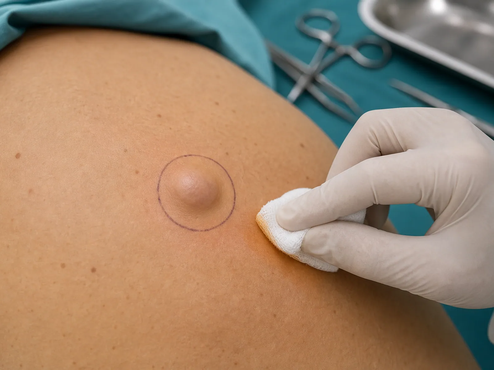Excizie chist sebaceu 3 cm Chist sebaceu rotund pregatit pentru excizie dermatologica