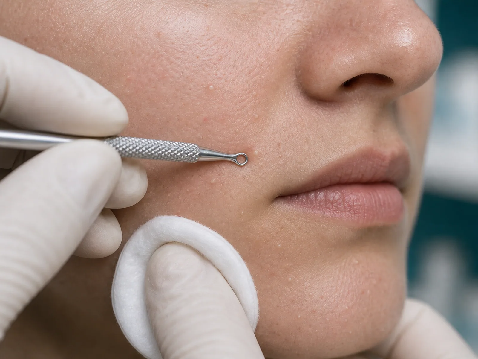 Dermatologic extractor applied to comedones and small fat points