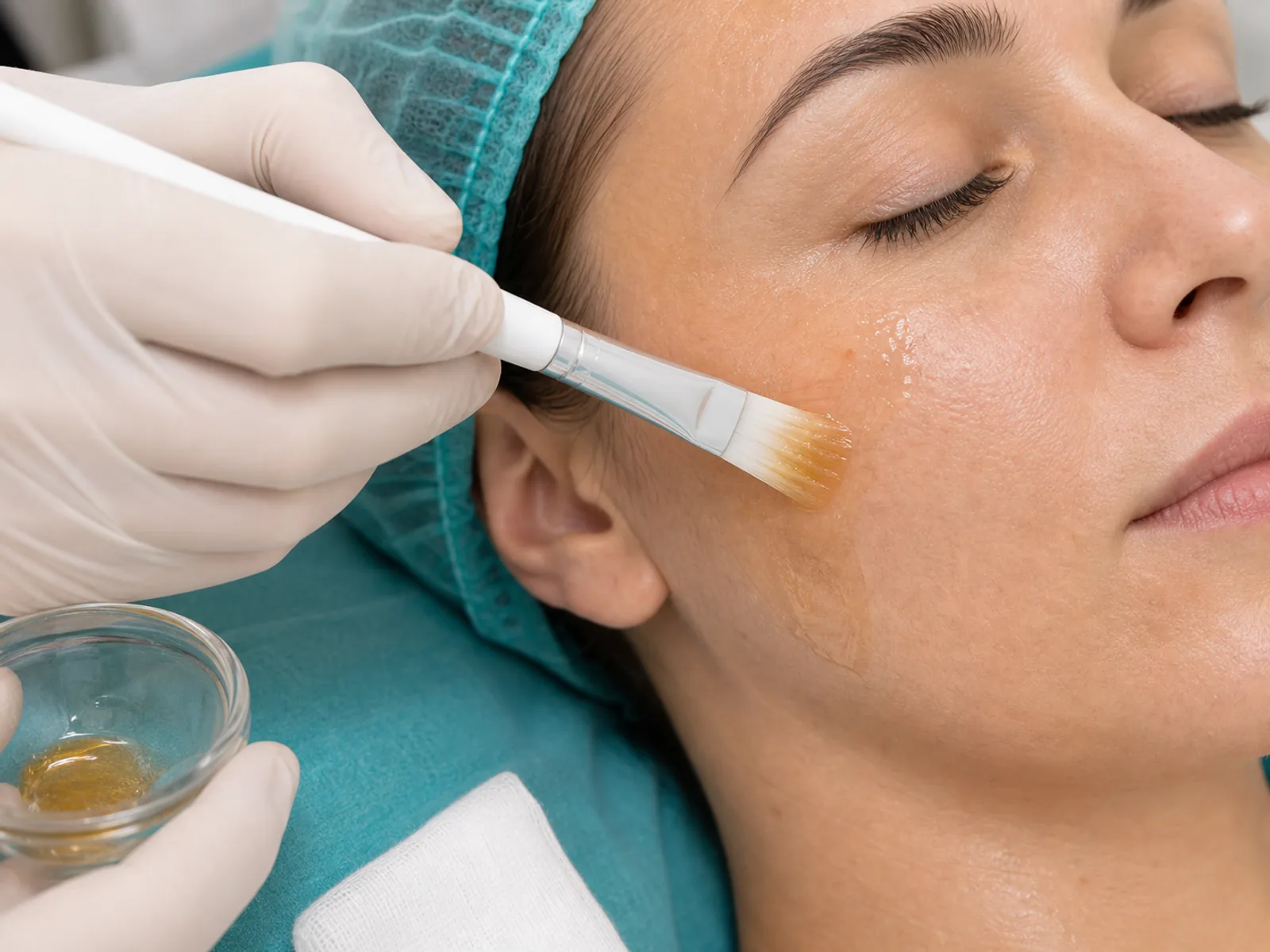 Professional Urgo Retix.C chemical peel applied to cheek skin with a medical brush