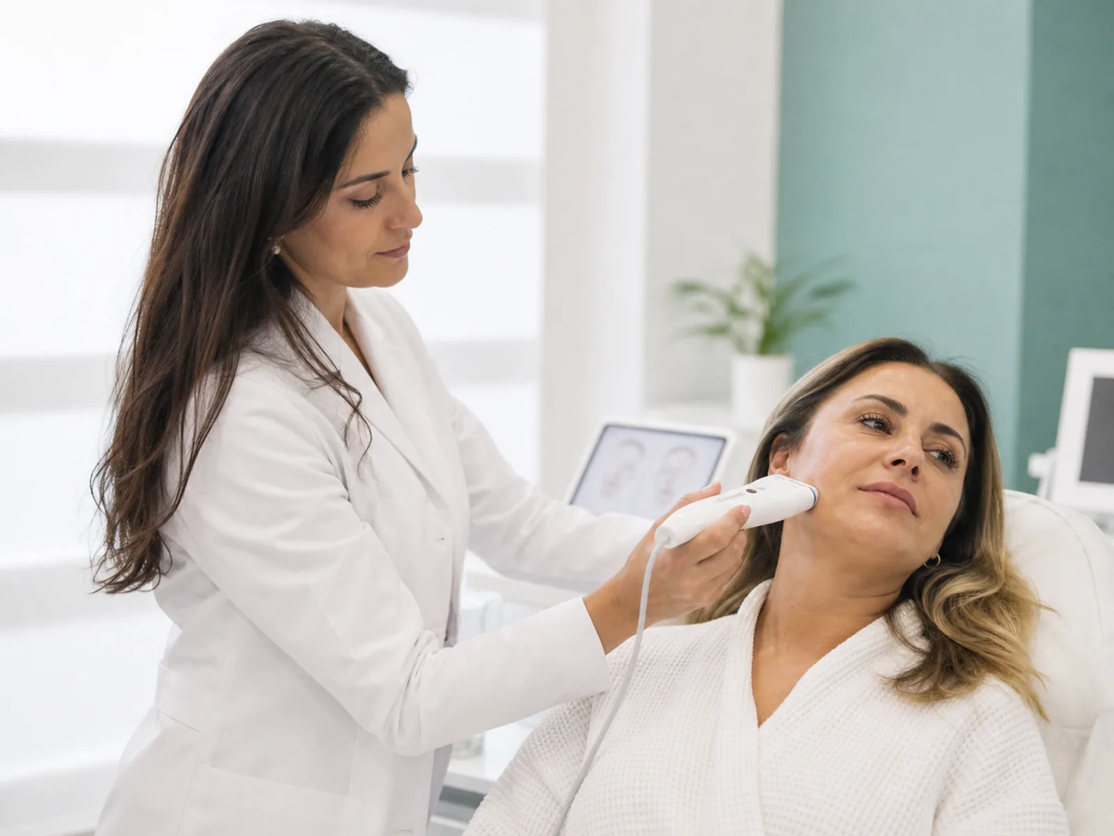 Face Lift Premium non-invasive treatment Clinician using a non-invasive facial device for firmness and natural lifting