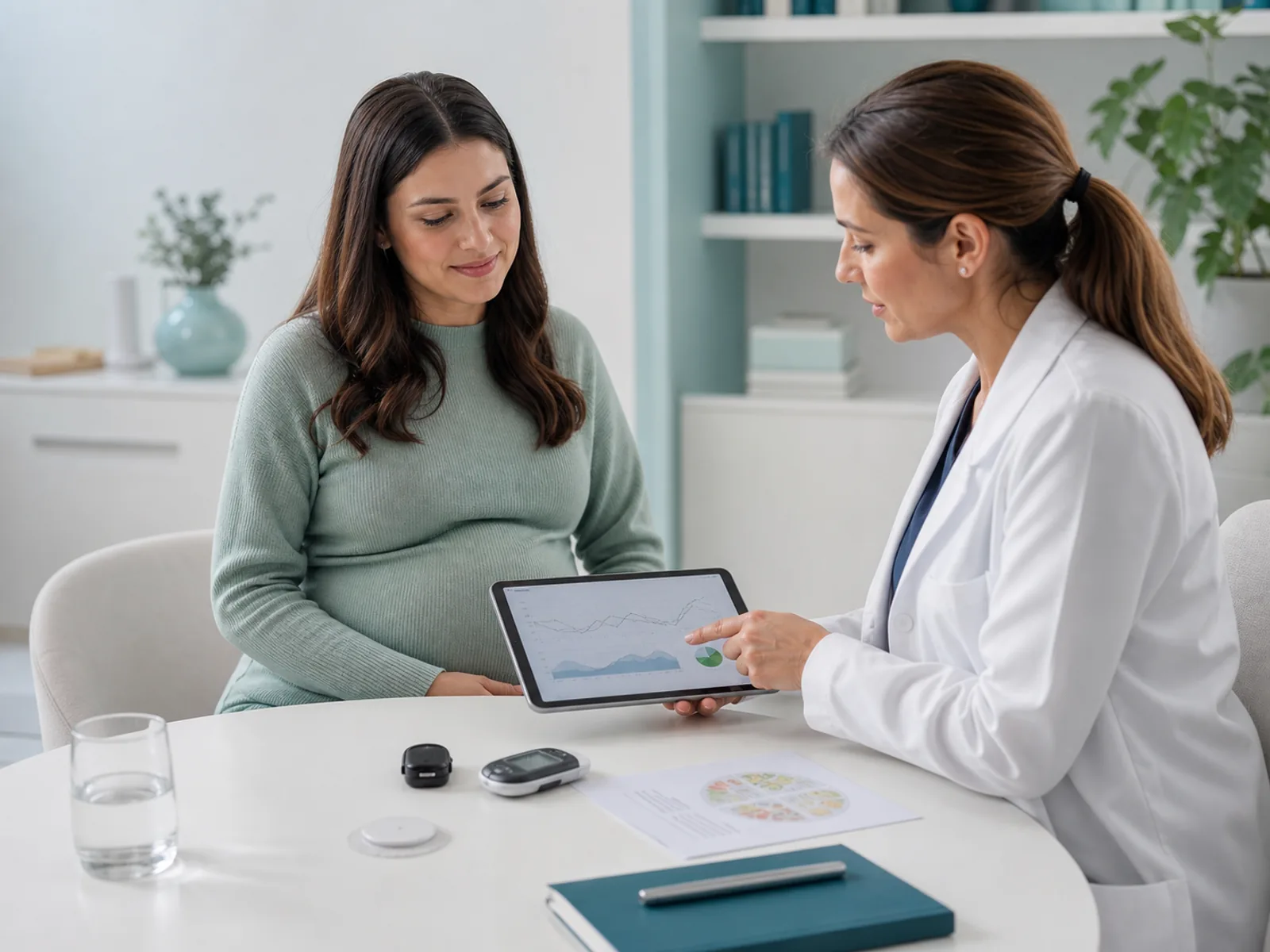 Gestational diabetes monitoring consultation Doctor and pregnant patient reviewing glucose monitoring for gestational diabetes