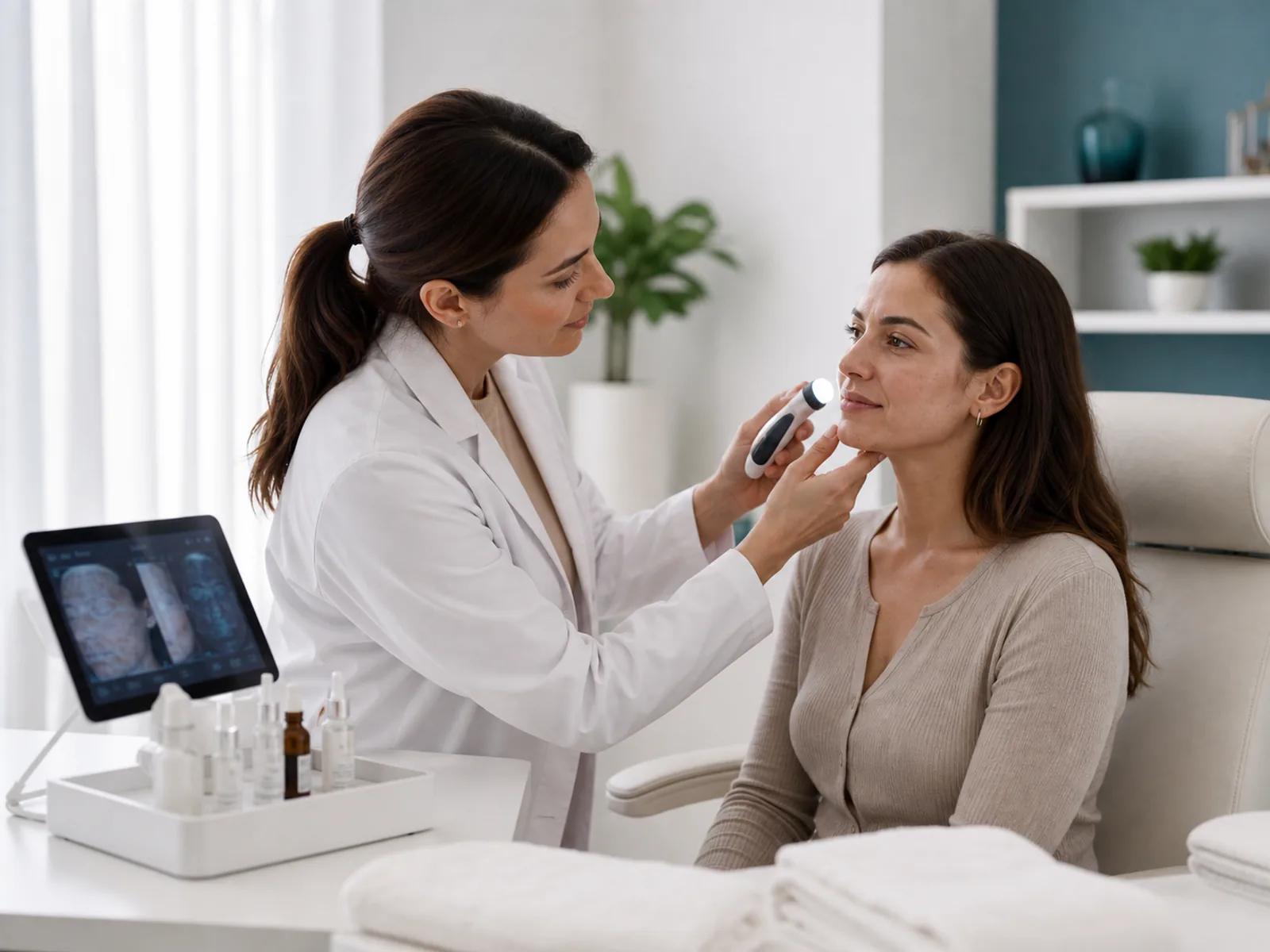 Skin Reset Facial assessment Clinician evaluating a patient's skin texture, luminosity and firmness